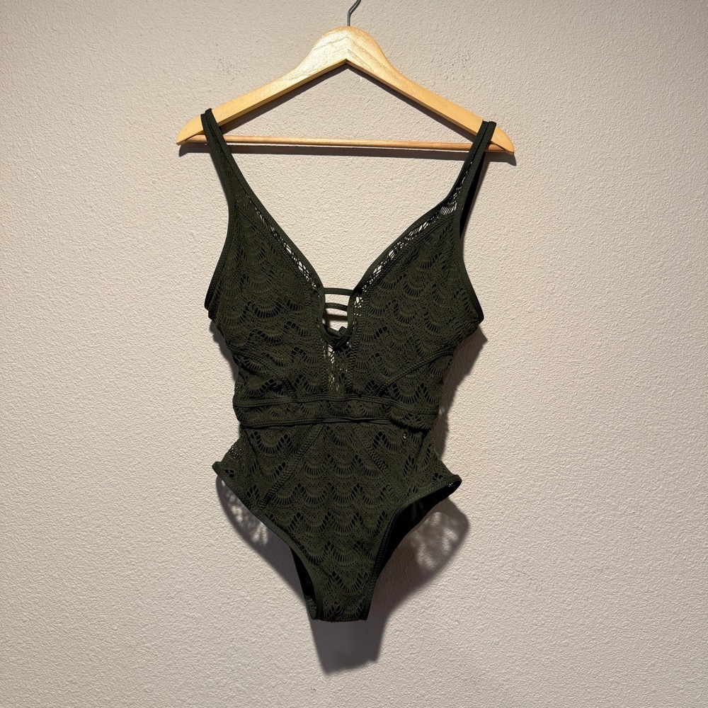 BECCA by Rebecca Virtue Olive Green Crochet Lace One Piece Swimsuit Medium